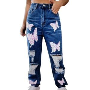 High Waisted Ripped Jeans With Butterflies L